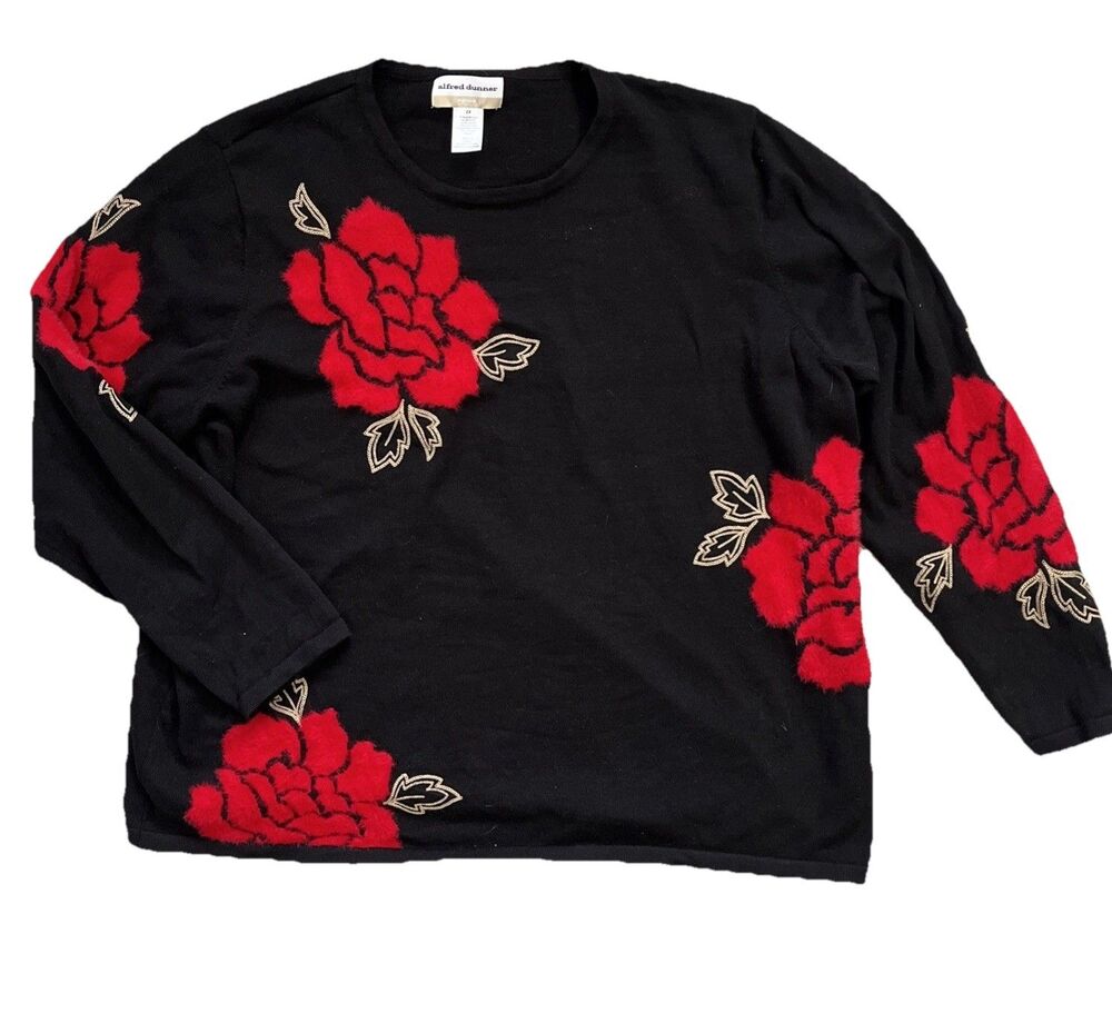 Alfred Dunner Romantic Fuzzy Red Rose Black Sweater Cozy Cottage Flower Size 2X